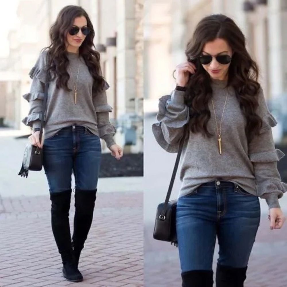 J Crew Ruffle Sleeves Sweater Gray Wool blend